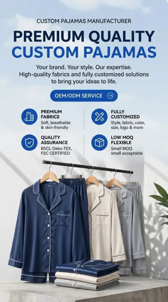 Luxury custom bamboo pajamas and sustainable eco-friendly loungewear crafted at an OEM ODM apparel factory.