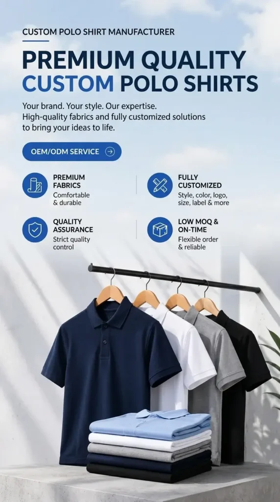 Bespoke corporate polo shirt manufacturing showing premium breathable pique cotton fabric and custom logo embroidery.