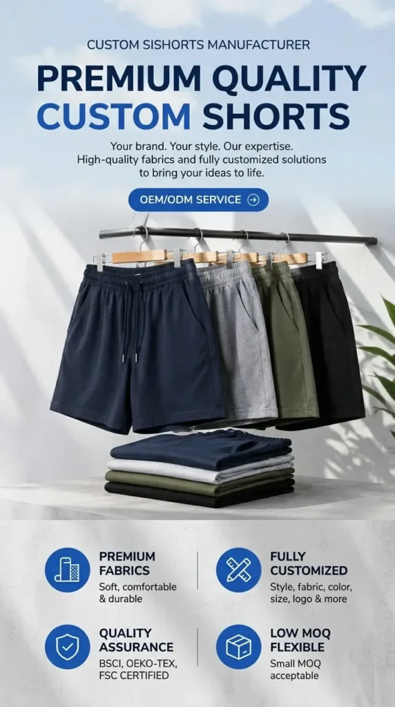 High-performance custom shorts display including mesh gym shorts and casual cut-and-sew streetwear shorts.