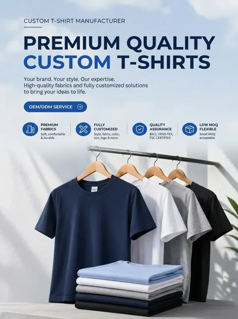 Streamlined custom t-shirt production line offering flexible low MOQs and strict inline quality control for global apparel brands