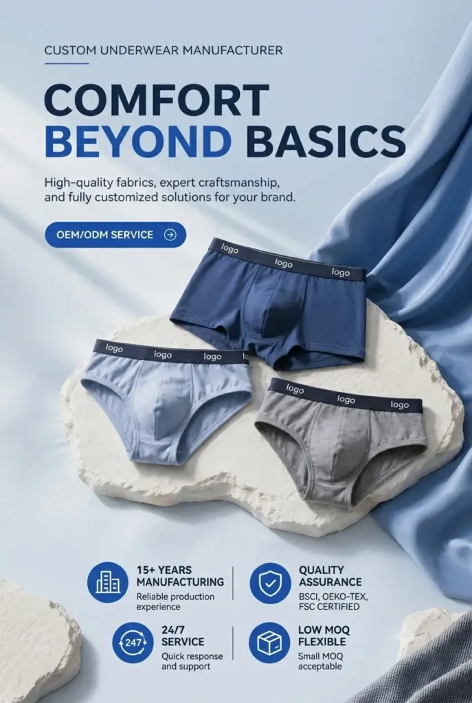 Premium custom underwear blanks display showcasing private label boxer briefs and briefs from an OEM ODM clothing factory.