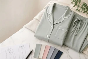 Blog cover image for a complete guide for apparel brands on custom modal pajamas manufacturing, featuring a sage green pajama set, fabric swatches, technical sketches, and production details.