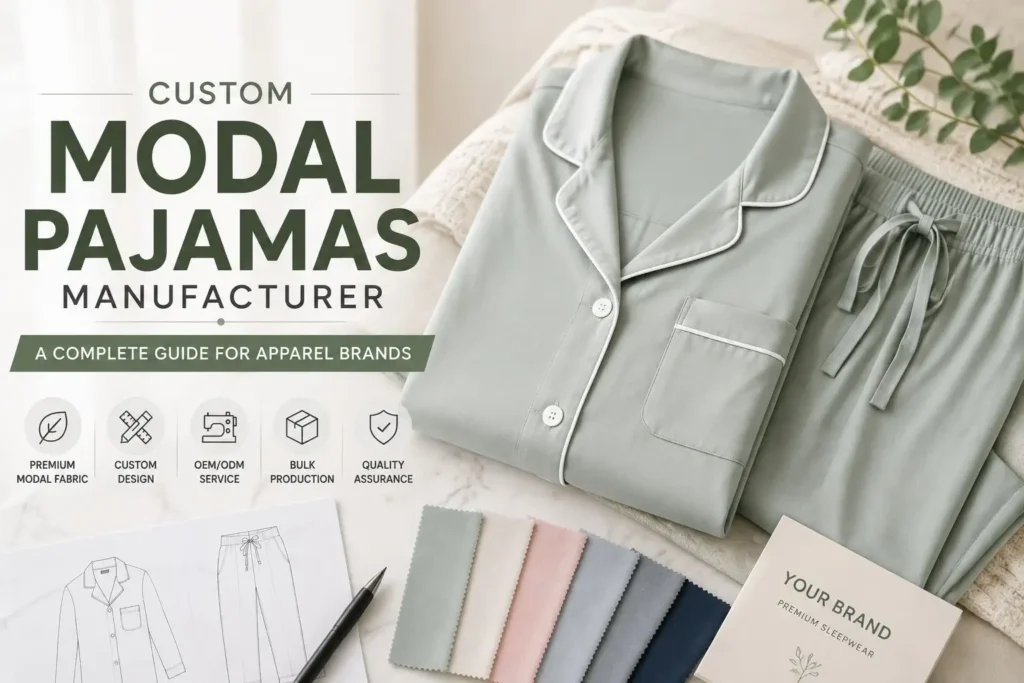Custom modal pajama set laid neatly with fabric color swatches and apparel design sketches on a marble table.