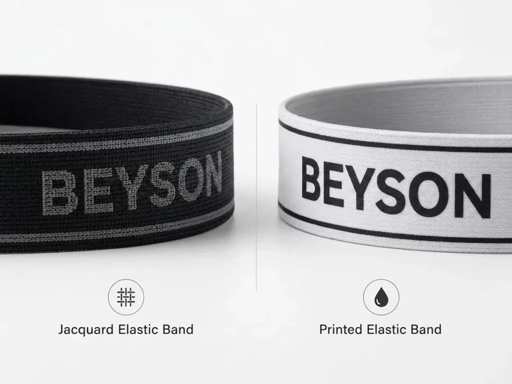 Side-by-side comparison of woven jacquard elastic waistband and printed elastic waistband for custom underwear
