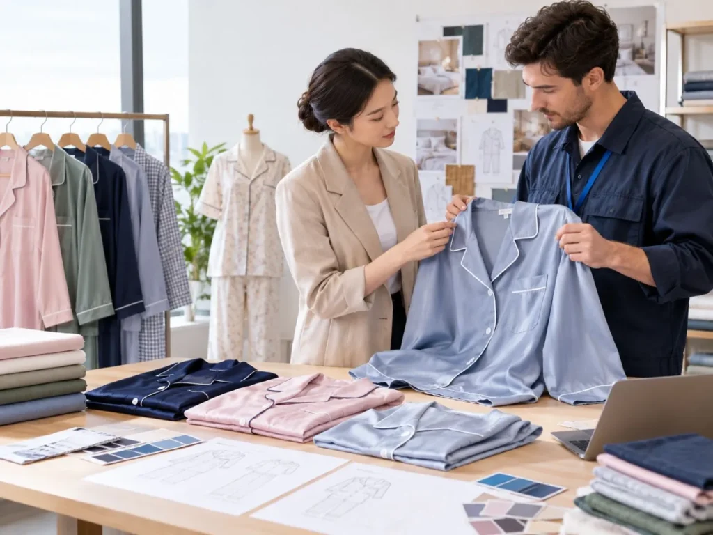 Custom pajamas manufacturer reviewing sleepwear designs and fabric samples