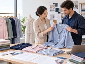 Custom pajamas manufacturer reviewing sleepwear designs and fabric samples