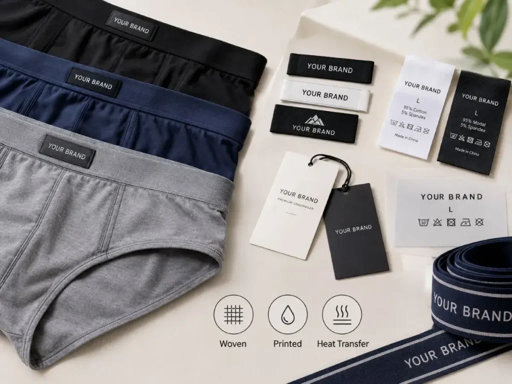 Custom underwear labels with woven, printed, and heat transfer options
