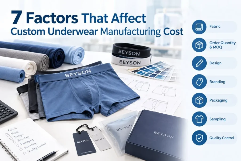 Custom underwear manufacturing cost factors including fabric, MOQ, design, branding, and packaging