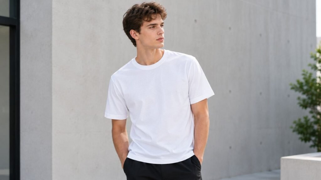 Male model wearing a plain white T-shirt for custom T-shirt manufacturing